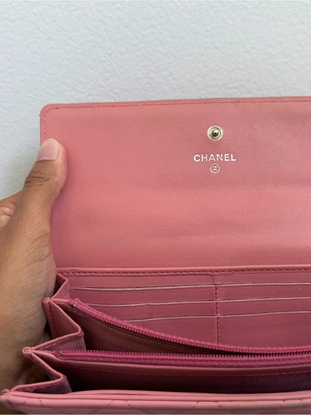 CHANEL Quilted Rose Pink Leather Wallet with Gold CC